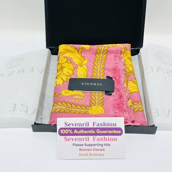 Versace Barocco Pink Gold Cashmere Silk Wool Fringe Shawl Scarf 55" NWT $750 - Picture 8 of 14
